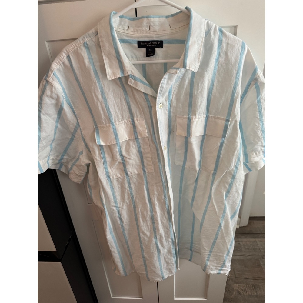 Banana Republic Mens XL Linen Cotton Striped Short Sleeve Button Down Shirt Blue